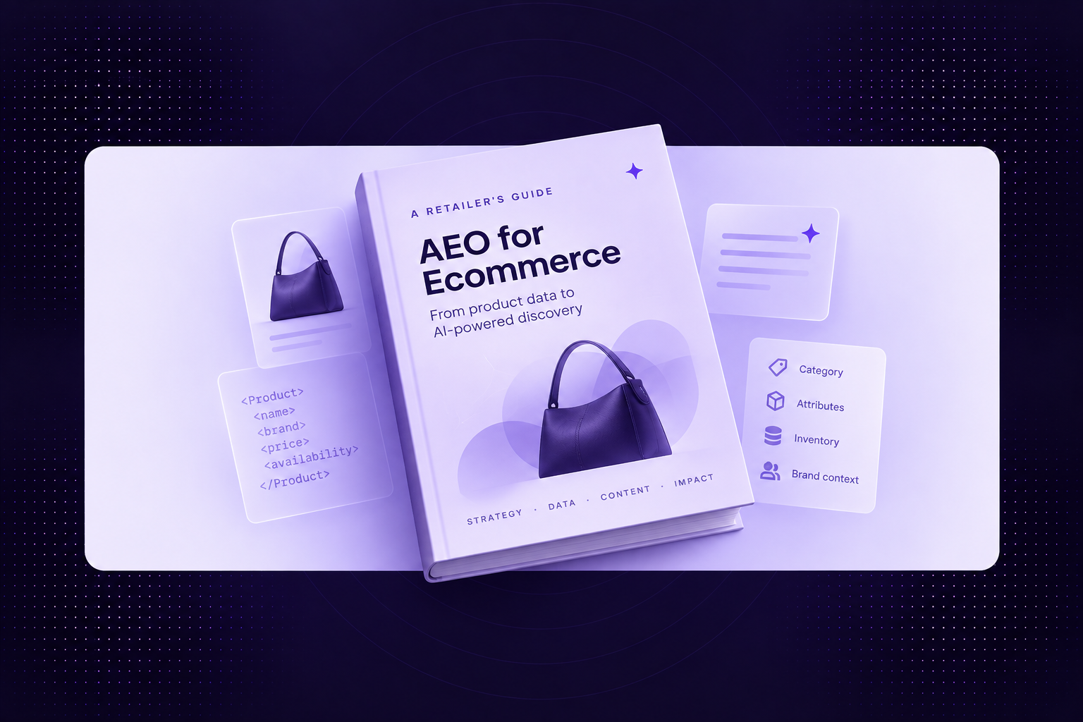 A retailer's guide to AEO for e-commerce, shown as a book cover surrounded by product data cards