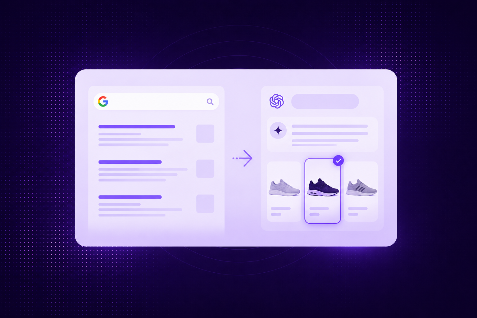 A search results page beside an AI assistant that returns a shortlist of product recommendations with one option selected