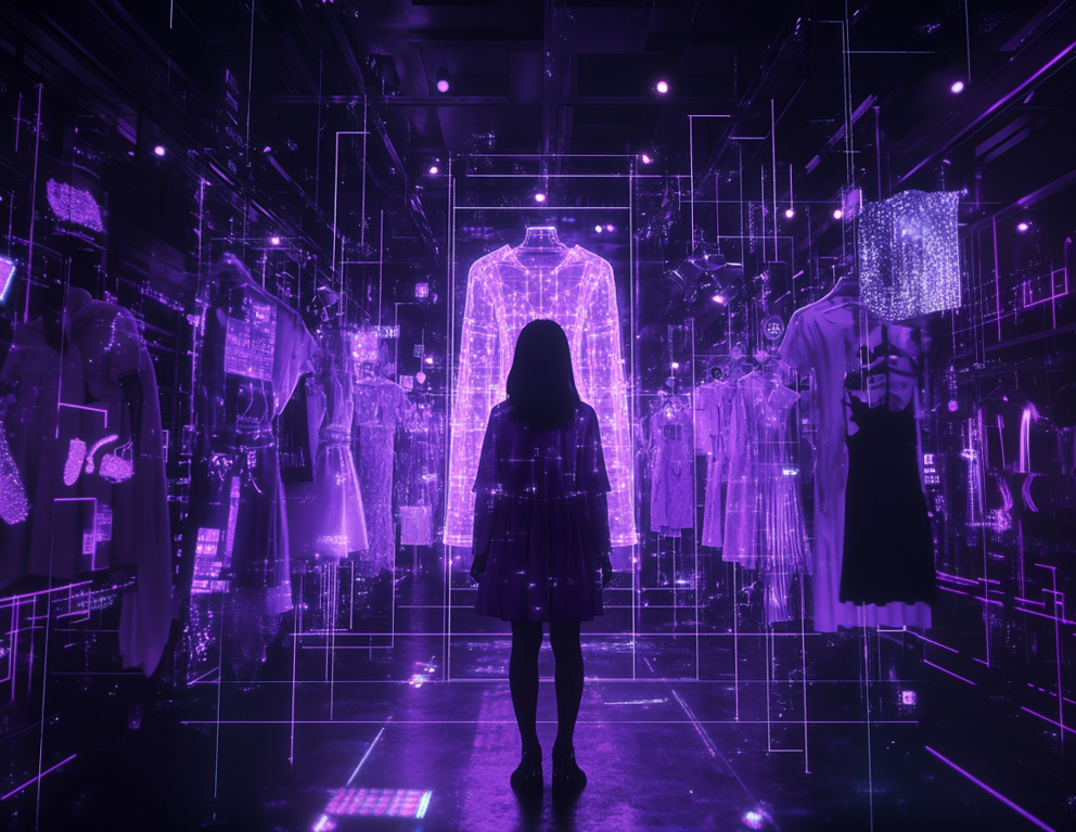 A shopper standing before a luminous, data-mapped storefront — commerce rendered as a machine-readable environment
