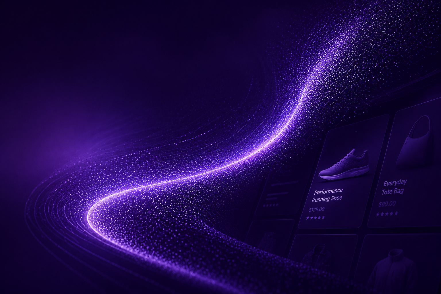 A luminous curve of light sweeping past product cards — commerce discovery in motion
