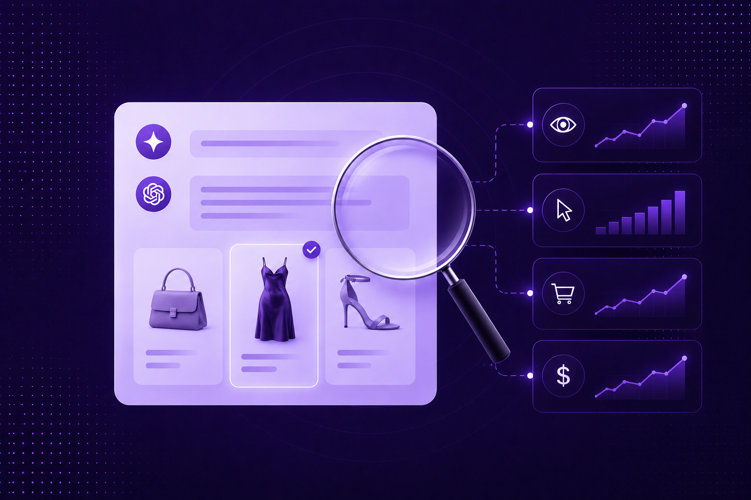 An AI product recommendation under a magnifying glass, connected to four measurement panels: AI visibility, mentions, purchase influence, and revenue impact