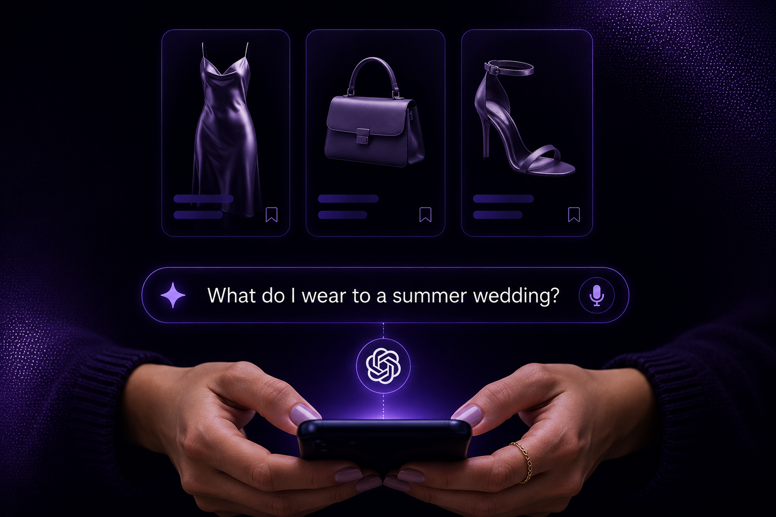 A shopper asks an AI assistant what to wear to a summer wedding and receives product recommendations before reaching any retailer's site