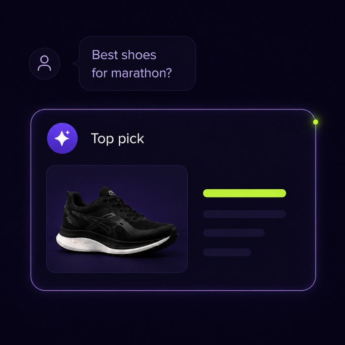 An AI assistant answering "Best shoes for marathon?" with a single top pick